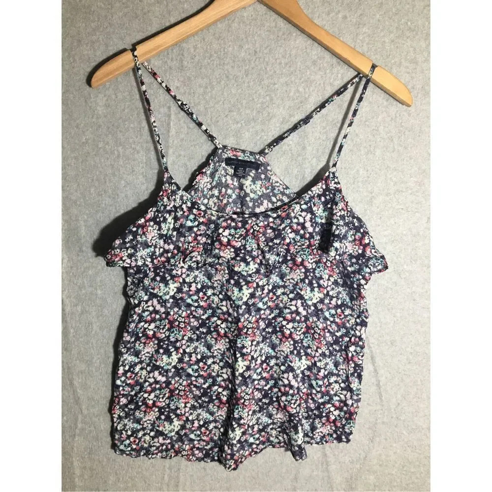 Womens American Eagle Tank Top Floral Ruffle Thin Strap Summer Y2K 2000s